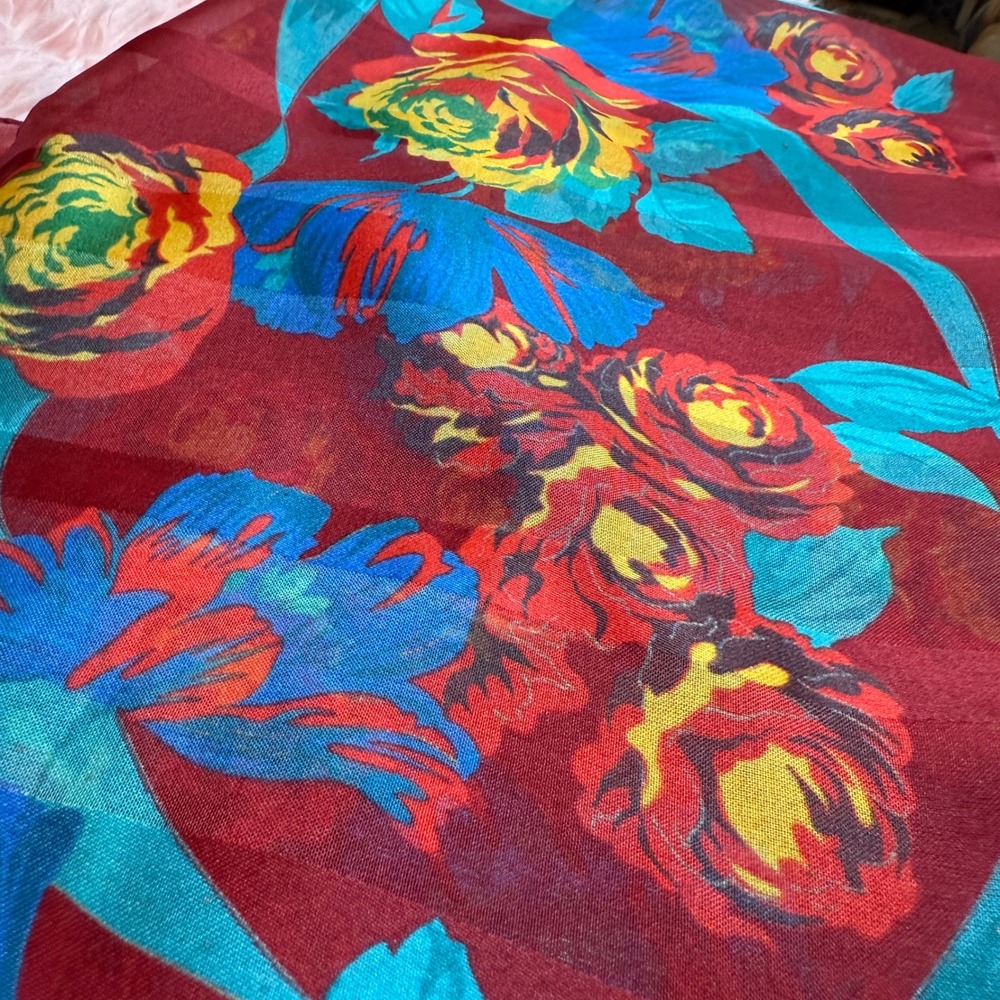 Designer Floral Silk Scarf Red Teal Roses Ribbon Accent - Picture 4 of 5
